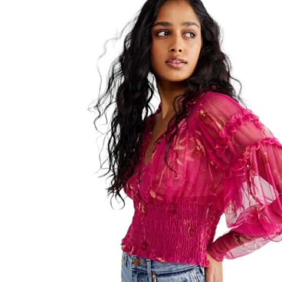 Free People Time For Shine Smocked Mesh Top - Picture 1 of 5